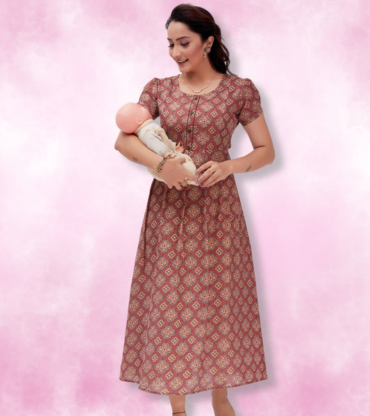 Dazzling Pink Cotton Blend Printed Flared Feeding Kurta