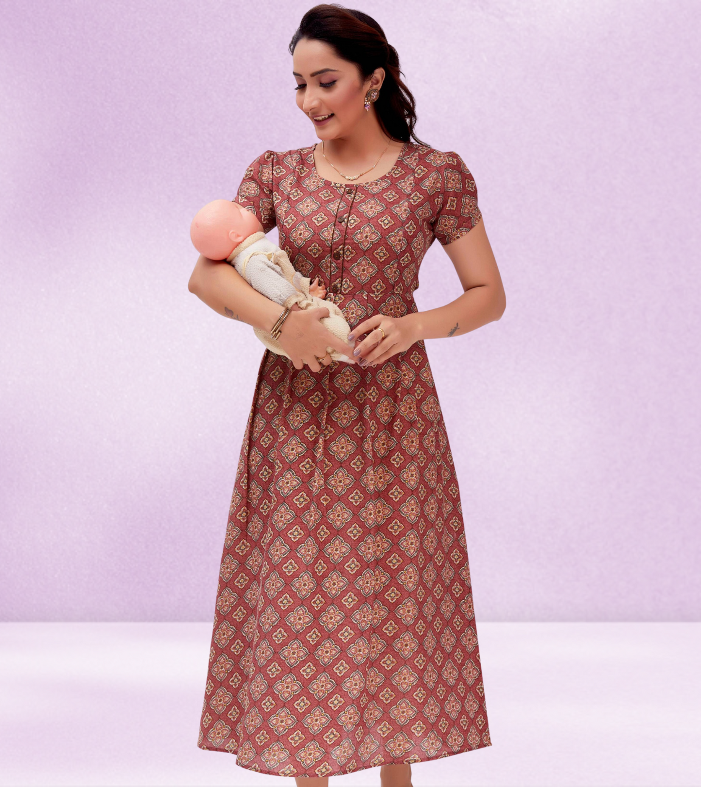 Dazzling Pink Cotton Blend Printed Flared Feeding Kurta