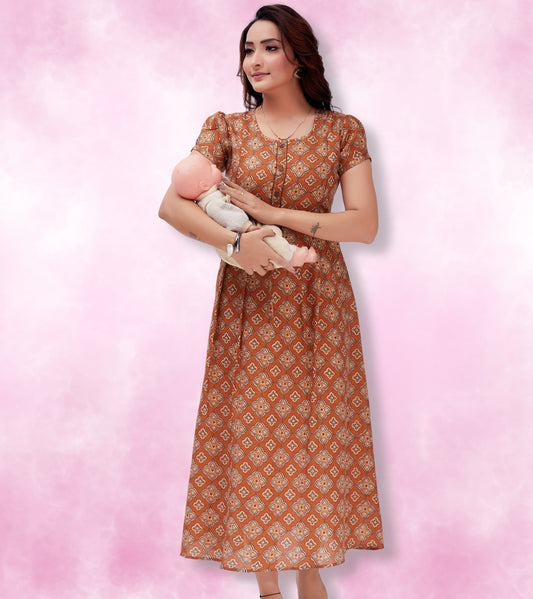 Classy Rust Cotton Blend Printed Flared Feeding Kurta