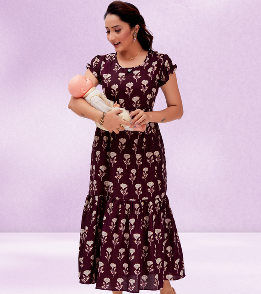 Impressive Wine Cotton Blend Printed Layered Anarkali Feeding Kurta