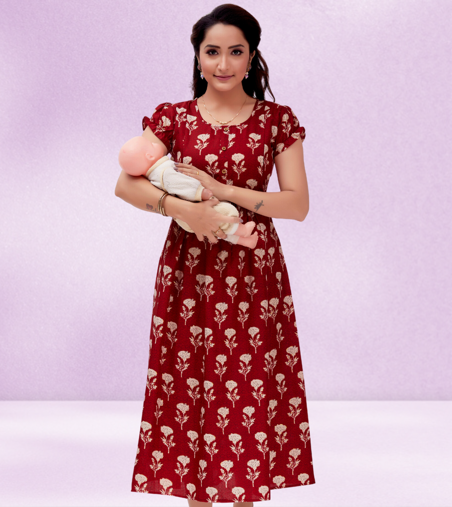 Marvelous Red Cotton Blend Printed Layered Anarkali Feeding Kurta