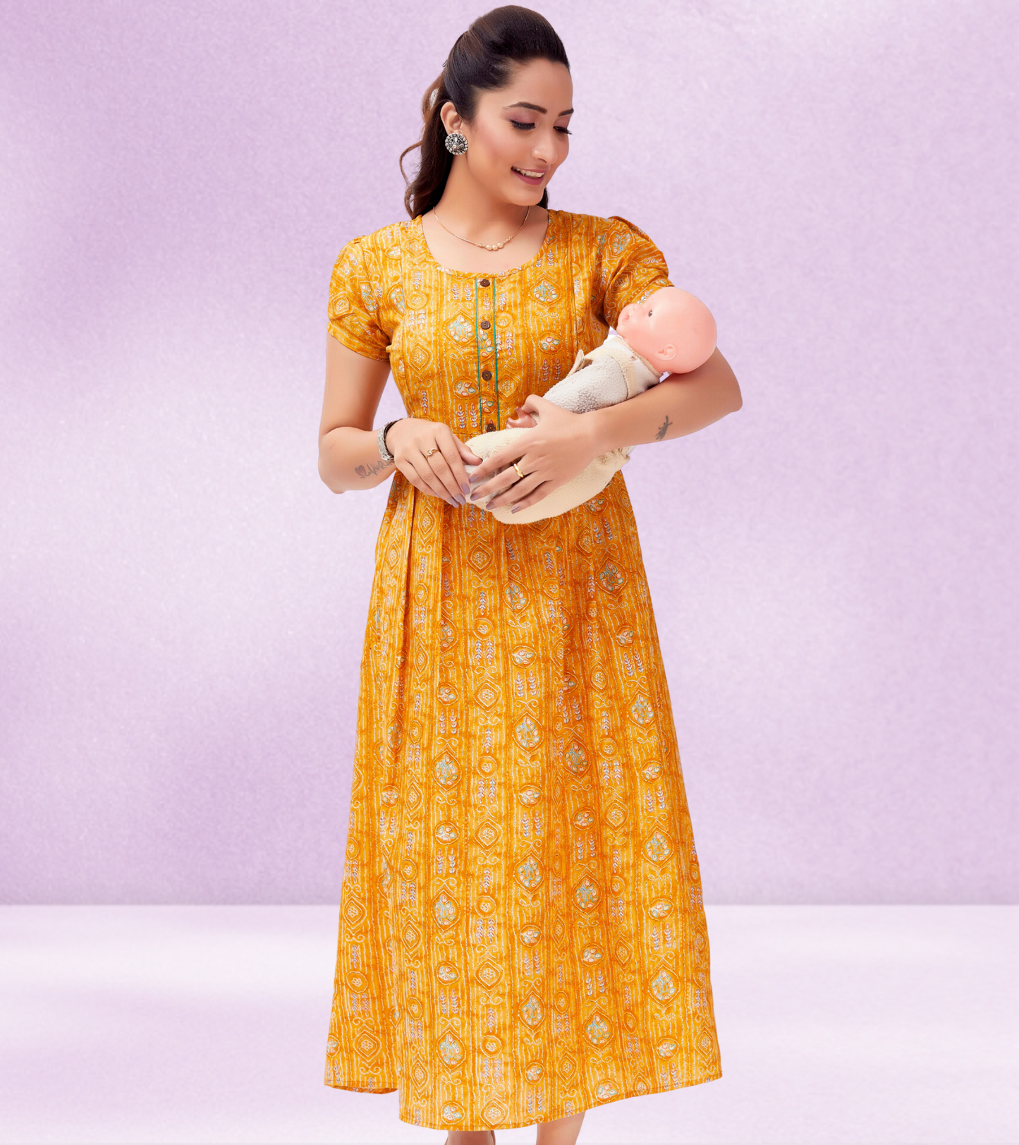 Classic Yellow Cotton Blend Printed Flared Feeding Kurta