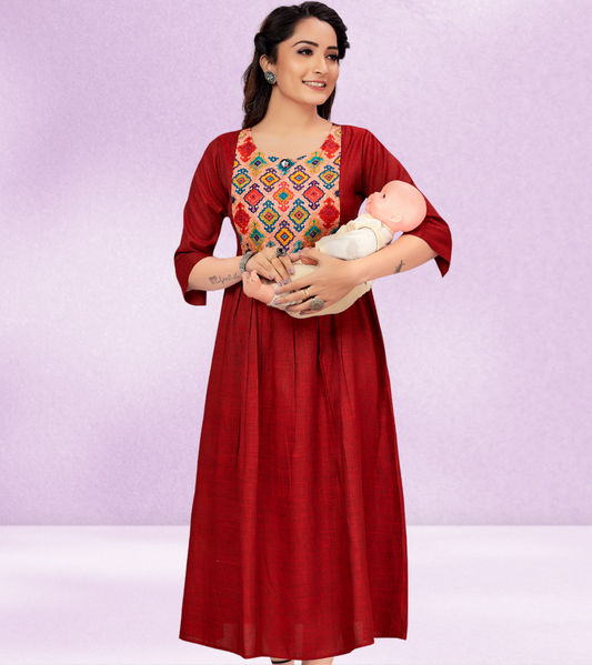 Exotic Red Rayon Printed Flared Feeding Kurta