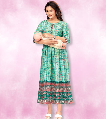 Flowy Green-Cotton-Printed-Flared-Feeding Kurta