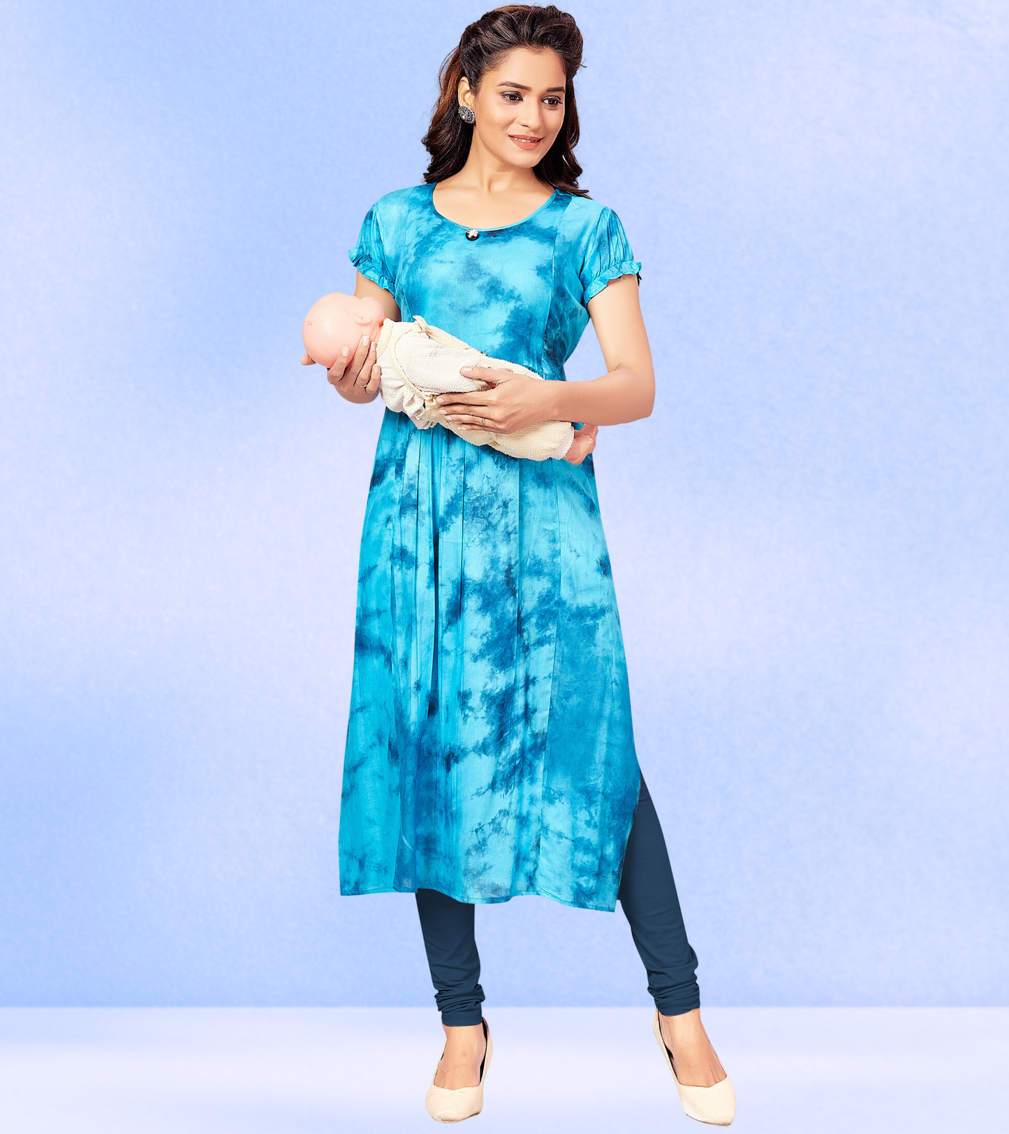 Bright Blue Rayon Printed Straight Feeding Kurta