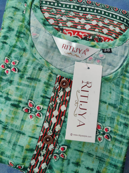 Flowy Green-Cotton-Printed-Flared-Feeding Kurta