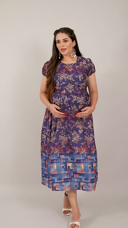 Dreamy Blue Cotton Printed Flared Zipless Feeding Kurta